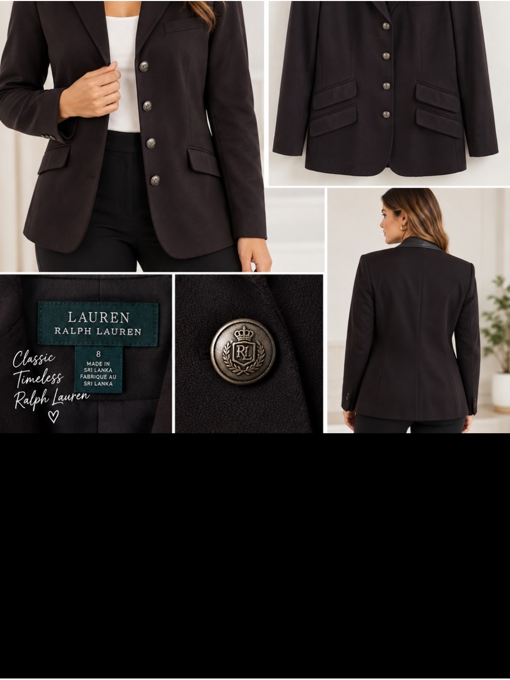 Lauren Ralph Lauren Black Single-Breasted Blazer with Crest Buttons